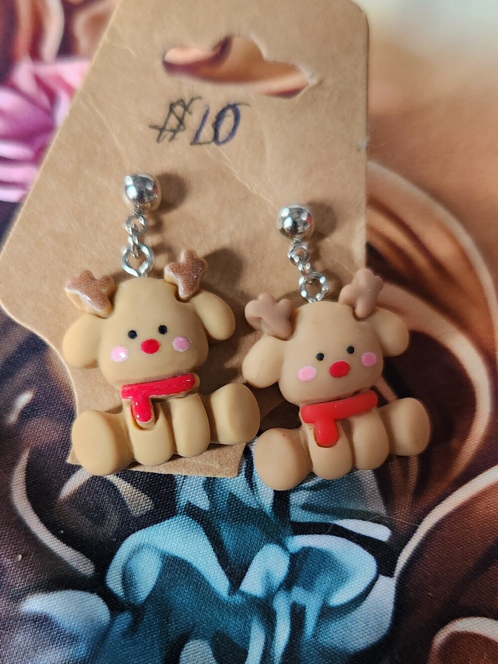 Cute Reindeer Resin Charms On Stainless Steel Earring Posts In Beige and Red